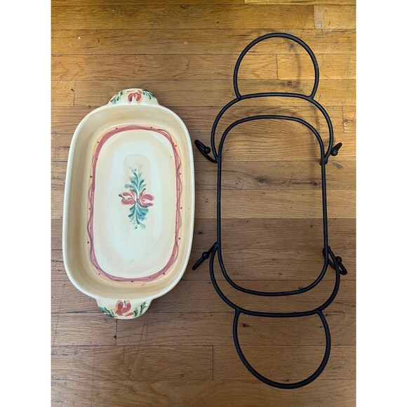 Gail Pittman Chelsea Hand Painted Stoneware Baking Dish  Iron Stand Floral Cream - Picture 4 of 6